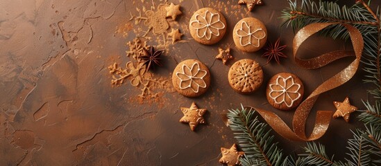 Fototapete - Holiday themed background featuring cookies a Christmas tree and a ribbon with stars on a brown backdrop ideal for a copy space image