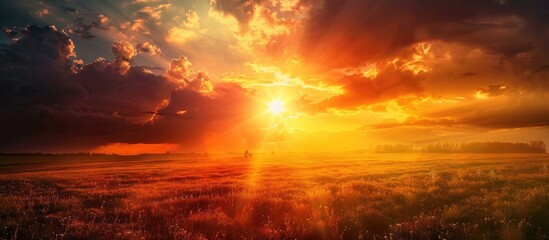 Poster - Scenic countryside landscape at sunset or sunrise with a bright dramatic sky above a dark ground featuring a sun over the skyline and horizon perfect for copy space images