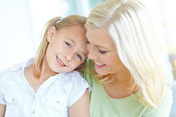 Sticker - Portrait, mom and child on sofa with smile, care and bonding together with fun on morning in home. Relax, mother and girl embrace on couch with happy family support, growth and love in living room