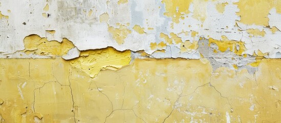 Poster - A pastel toned copy space image of yellow paint being stripped off a cement wall