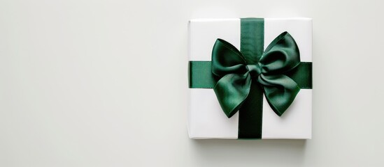 Aufkleber - Top view of a white gift box with a green ribbon bow on a white background suitable for both Christmas and birthday celebrations with space for additional imagery