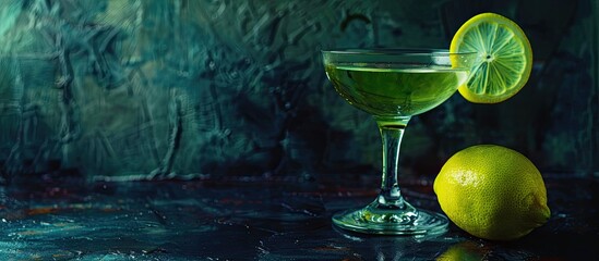Aufkleber - A green lemon placed with a cocktail glass on a dark backdrop creating a stylish copy space image