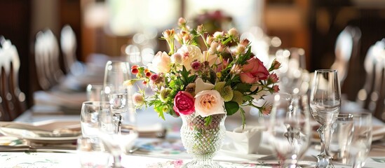 Poster - Indoor table setting with a stunning bouquet of flowers in a vase offering an ideal copy space image