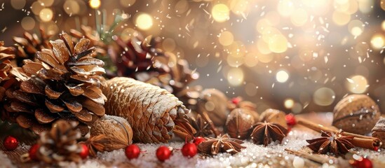 Fototapete - Festive greeting Background for New Year with cones nuts and cinnamon perfect for copy space image