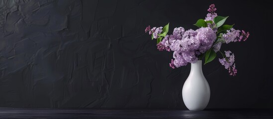 Poster - White vase with lilac on dark table against black backdrop with copy space image
