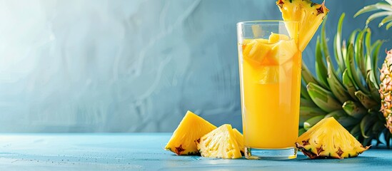 Aufkleber - Pineapple juice and slices on blue backdrop with copy space image