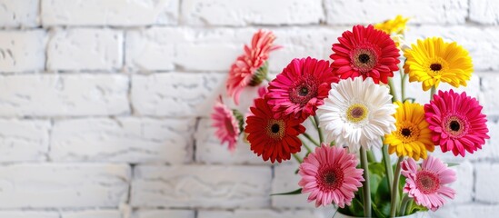 Wall Mural - Mock up displaying a vibrant bouquet of gerbera daisies on a white brick backdrop with copy space image