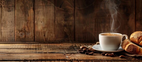 Aufkleber - Panoramic banner with a rustic wood background displaying a steaming cup of coffee alongside bread featuring ample copy space image