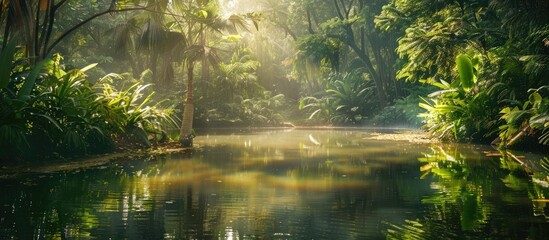 Sticker - Sunny day in the jungle with a tranquil pond for wild animals and trees great for a copy space image