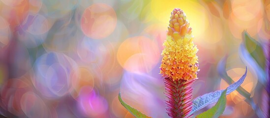 Aufkleber - A stunning blurry backdrop featuring a yellow cockscomb flower celosia cristata with ample copy space on the right for text or imagery