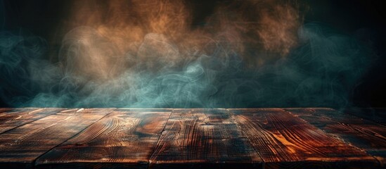 Fototapete - Wooden table with a dark hazy backdrop ideal for web backgrounds on vintage promotional materials to spotlight items with copy space image