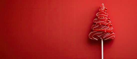 Fototapete - A lollipop designed as a Christmas tree against a red backdrop with space for additional images