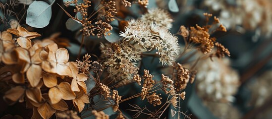 Poster - Greeting card featuring dried flowers and lush green foliage with copy space image