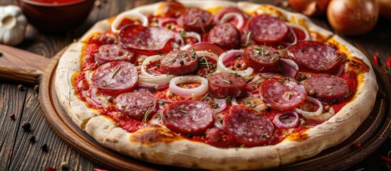 Canvas Print - A pizza topped with salami sausage onions and red sauce on a brown wooden table is perfect for recipes or menus with a copy space image for design showcasing this Italian cuisine favorite