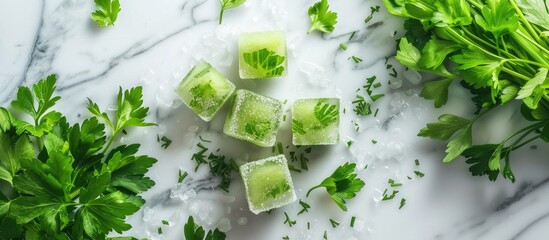 Sticker - Fresh parsley and parsley ice cubes frozen for cooking displayed on a marble surface with a selective focus top view and blank space for text or images. Creative banner. Copyspace image