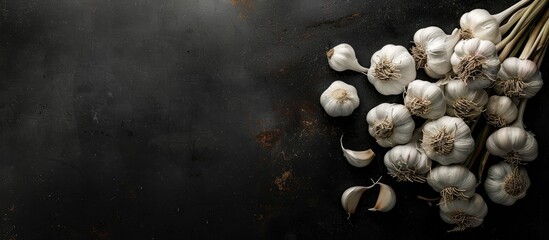 Poster - Garlic heads displayed in a top view arrangement on a black background with ample copy space image