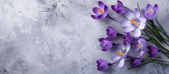 Poster - A gray paper invitation card with purple crocus snowdrop flowers on a concrete background Featuring blank space for text ideal for a wedding invitation. Creative banner. Copyspace image
