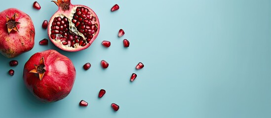Poster - Copy space image featuring whole and cut pomegranate fruit on a light blue background in a square layout