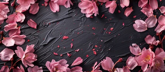 Poster - Pink cherry tree petals on colored cardboard with a floral Valentine s theme on black paper for your text Top view of a beautiful frame with a copy space image