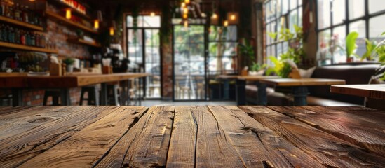 Fototapete - A wood table in a cafe or coffee shop background ideal for displaying or montaging items with copy space image available