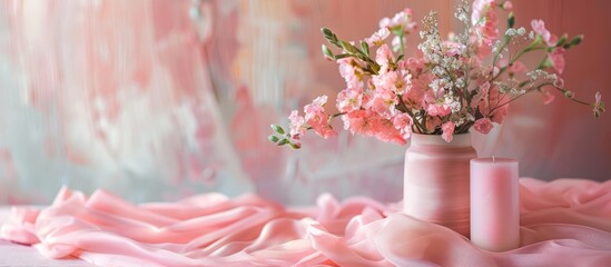 Aufkleber - A table covered with pink fabric featuring a vase of flowers and pink candles creating a soothing ambiance with copy space image possibility