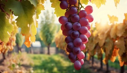 Grape isolated. Pink grape with leaves on white background. Violet red grapes flying collection. Full depth of field.