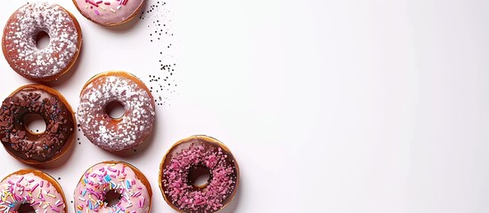 Poster - Glazed donuts on white background with room for text in a flat lay copy space image