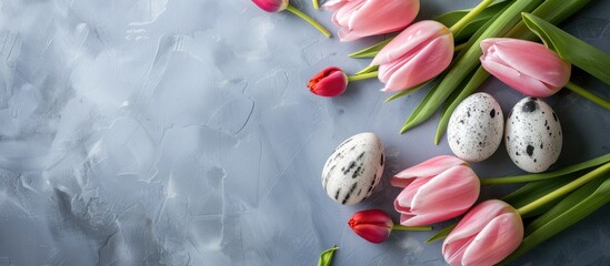 Aufkleber - Background with tulips eggs perfect for Easter spring with abundant copy space image