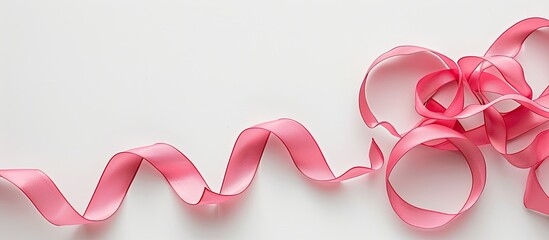 Aufkleber - A flat lay photo with a pink curly ribbon on a white background providing copy space image