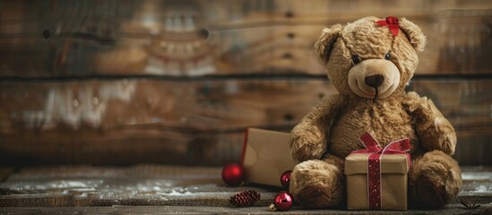 Fototapete - Teddy bear in a gift box on a vintage wooden backdrop with a space for additional text or image depicting the holiday spirit of Christmas and New Year
