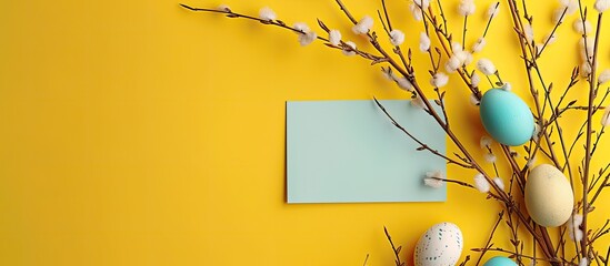 Aufkleber - Easter themed with willow branches an empty card and copy space image against a vibrant yellow backdrop