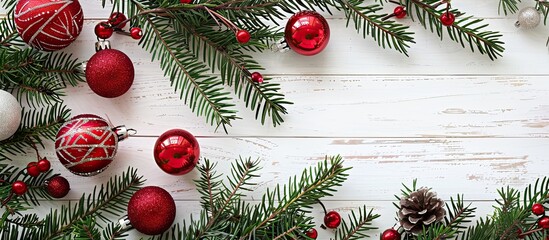 Poster - Festive Christmas setting featuring a New Year themed border of evergreen twigs and red holiday ornaments arranged on a white wooden surface ideal for adding text or graphics. Creative banner
