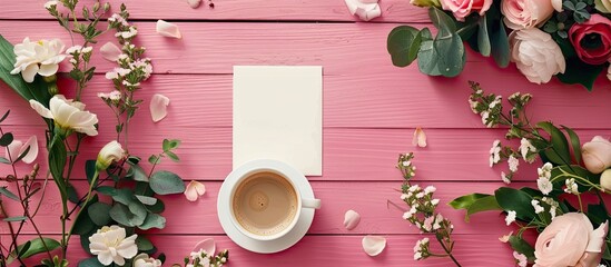 Leinwandbilder - Vintage mockup featuring floral arrangements a coffee cup and a blank letter on a pink wooden backdrop with copy space image