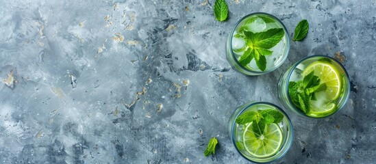Aufkleber - Top view image of two highball glasses with a traditional Mojito cocktail featuring rum mint lime juice citrus slice soda water and ice on a concrete table Includes copy space