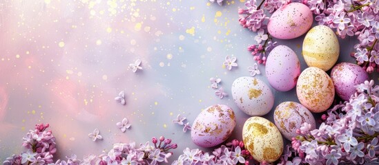 Poster - Easter greeting card featuring colorful eggs and blooming lilac flowers against a backdrop of copy space image