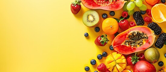 Aufkleber - A top down view of vibrant summer fruits arranged on a bright yellow backdrop with ample space for additional images