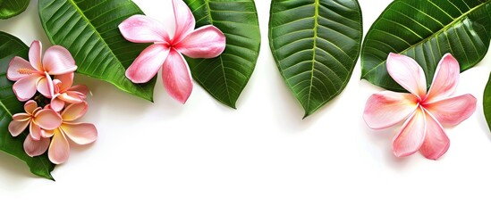 Poster - Pink plumeria flower and green leaves isolated on a white background perfect for a copy space image