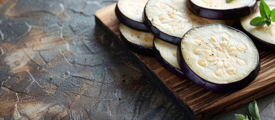 Canvas Print - Eggplant slices arranged on a wooden cutting board placed on a table with copy space image