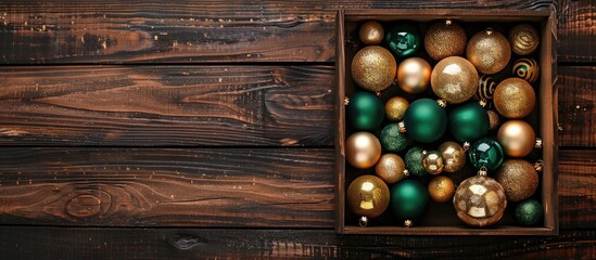 Fototapete - Festive wooden box adorned with gold and green balls and toys perfect for Christmas and New Year decor with a copy space image