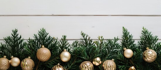 Aufkleber - Gold Christmas ornaments shining on lush green fir branches against a white wooden backdrop in a flat lay style offering a top view with copy space image