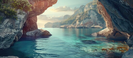 Poster - Scenic summer getaway over bay with cliffs by the sea perfect for a memorable vacation It includes a captivating copy space image