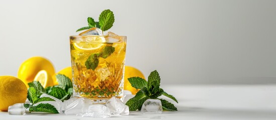 Aufkleber - Fresh lemons and mint leaves complement a Virgin Mint Julep in a clear glass on a white background with copy space image