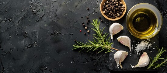 Poster - Top view of rosemary garlic salt pepper and olive oil on black stone with ample copy space image