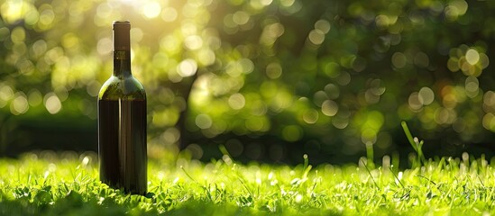 Poster - Wine bottle placed on green grass with copy space image