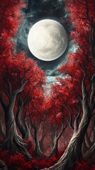 Wall Mural - full moon shining on a red forest at night