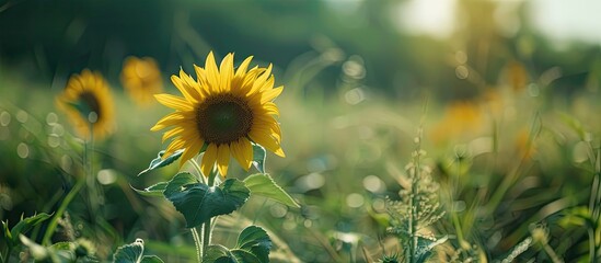 Fototapete - A single sunflower in a lush green summer field with selective focus ideal as a copy space image