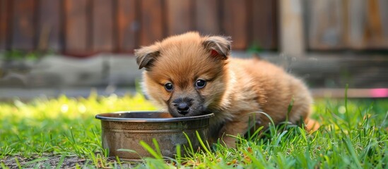 Poster - German Spitz puppy munching in an iron bowl on grass near a house with a wooden fence in the background Copy space image