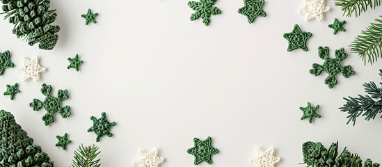 Aufkleber - Scandinavian handmade Christmas composition featuring crocheted green snowflakes and stars on a white background with a top view flat lay showcasing a copy space image