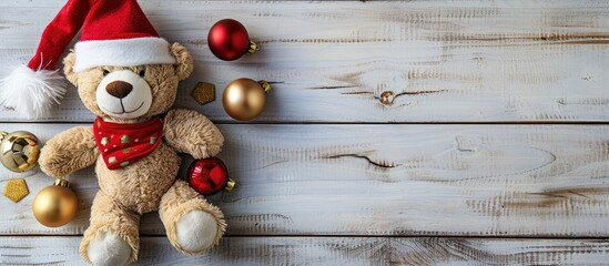 Fototapete - Teddy bear toy and Christmas decorations with Santa s hat red and gold ornaments on white wood background for a festive holiday atmosphere a cheerful holiday concept with a copy space image