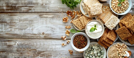 Poster - White wooden table with a variety of toppings on fresh rye crispbreads and rusks in a flat lay view providing copy space image